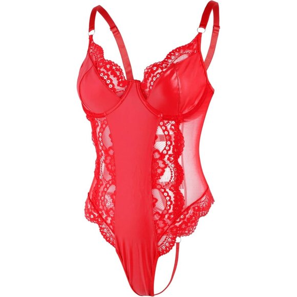 Lilosy Red Leather Underwire Push Up Lace Sheer Corset Teddy Bodysuit Women - Picture 6 of 6